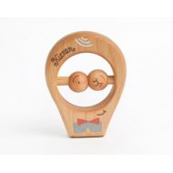 FriendlyToys Personalized Baby Boy Gift, Wooden Baby Rattle, Organic teether, Wooden Baby Toys, a Blue Pants Boy