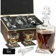 Frolk Whiskey Stones Gift Set for Men & Women - Whiskey Decanter, 2 Twisted Whiskey Glasses, 2 XL Stainless Steel Whisky Balls, 2 Coasters, Special Tongs & Freezer Pouch in Pinewood Box