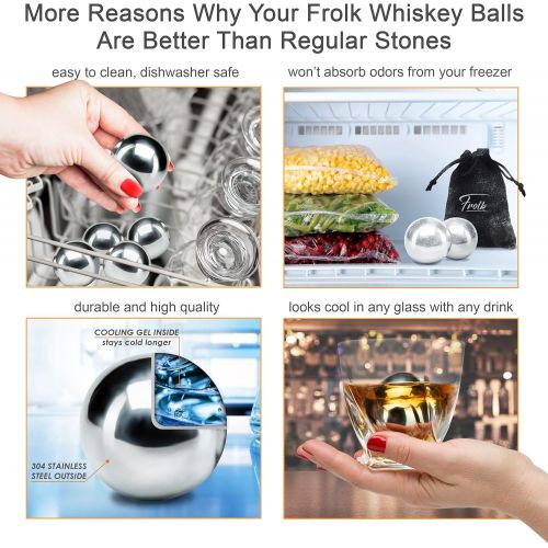  Frolk Whiskey Stones Gift Set for Men & Women - Whiskey Decanter, 2 Twisted Whiskey Glasses, 2 XL Stainless Steel Whisky Balls, 2 Coasters, Special Tongs & Freezer Pouch in Pinewood Box