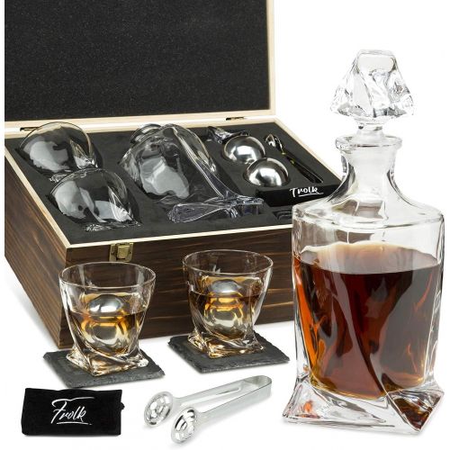  Frolk Whiskey Stones Gift Set for Men & Women - Whiskey Decanter, 2 Twisted Whiskey Glasses, 2 XL Stainless Steel Whisky Balls, 2 Coasters, Special Tongs & Freezer Pouch in Pinewood Box