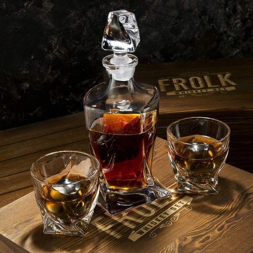  Frolk Whiskey Stones Gift Set for Men & Women - Whiskey Decanter, 2 Twisted Whiskey Glasses, 2 XL Stainless Steel Whisky Balls, 2 Coasters, Special Tongs & Freezer Pouch in Pinewood Box