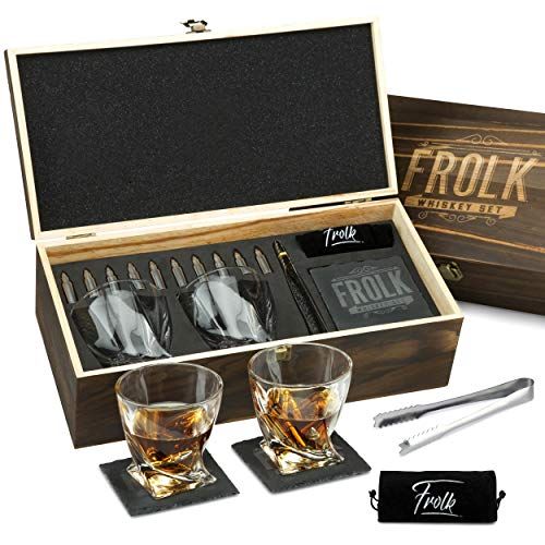  [아마존베스트]Frolk Premium Bullet Shaped Whiskey Stones Gift Set for Men - 10 Bullets Chilling Stainless-Steel Whiskey Rocks - 11 oz 2 Large Twisted Whiskey Glasses, Slate Coasters, Tongs - Premium S