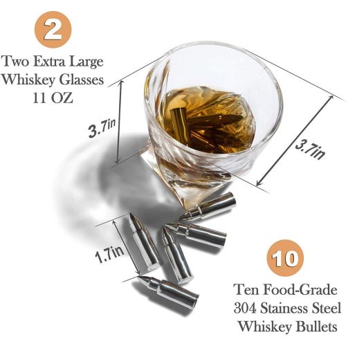  [아마존베스트]Frolk Premium Bullet Shaped Whiskey Stones Gift Set for Men - 10 Bullets Chilling Stainless-Steel Whiskey Rocks - 11 oz 2 Large Twisted Whiskey Glasses, Slate Coasters, Tongs - Premium S