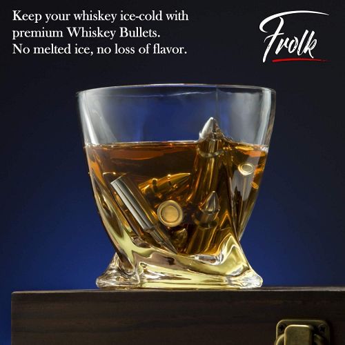  [아마존베스트]Frolk Premium Bullet Shaped Whiskey Stones Gift Set for Men - 10 Bullets Chilling Stainless-Steel Whiskey Rocks - 11 oz 2 Large Twisted Whiskey Glasses, Slate Coasters, Tongs - Premium S