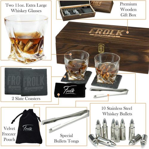  [아마존베스트]Frolk Premium Bullet Shaped Whiskey Stones Gift Set for Men - 10 Bullets Chilling Stainless-Steel Whiskey Rocks - 11 oz 2 Large Twisted Whiskey Glasses, Slate Coasters, Tongs - Premium S