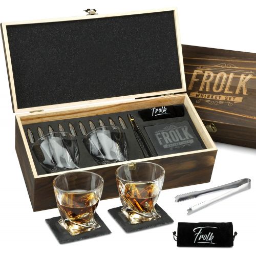  [아마존베스트]Frolk Premium Bullet Shaped Whiskey Stones Gift Set for Men - 10 Bullets Chilling Stainless-Steel Whiskey Rocks - 11 oz 2 Large Twisted Whiskey Glasses, Slate Coasters, Tongs - Premium S