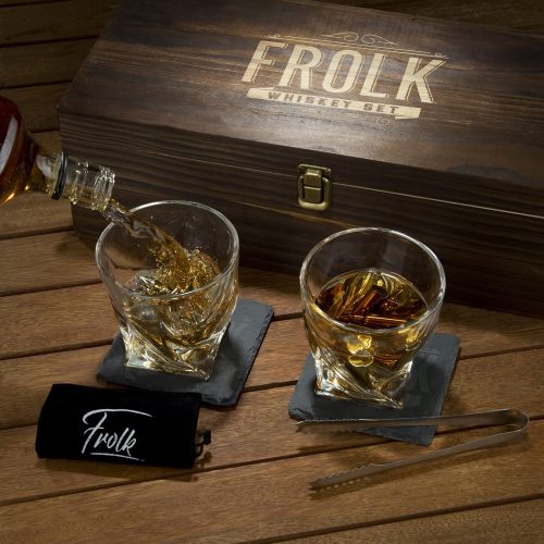  [아마존베스트]Frolk Premium Bullet Shaped Whiskey Stones Gift Set for Men - 10 Bullets Chilling Stainless-Steel Whiskey Rocks - 11 oz 2 Large Twisted Whiskey Glasses, Slate Coasters, Tongs - Premium S