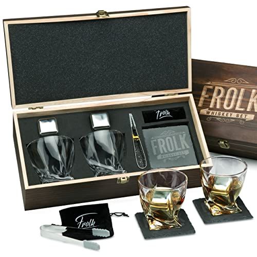  [아마존베스트]Frolk Whiskey Stones & Glasses Gift Set for Men & Women  2 King-Sized Chilling Stainless-Steel Whiskey Cubes - 11 oz 2 Large Twisted Whiskey Glasses, Stone Coasters, Tongs  Luxury Set