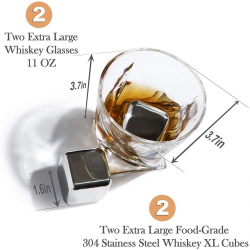  [아마존베스트]Frolk Whiskey Stones & Glasses Gift Set for Men & Women  2 King-Sized Chilling Stainless-Steel Whiskey Cubes - 11 oz 2 Large Twisted Whiskey Glasses, Stone Coasters, Tongs  Luxury Set