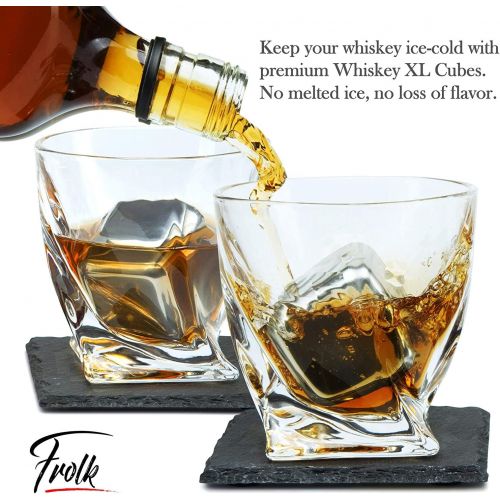  [아마존베스트]Frolk Whiskey Stones & Glasses Gift Set for Men & Women  2 King-Sized Chilling Stainless-Steel Whiskey Cubes - 11 oz 2 Large Twisted Whiskey Glasses, Stone Coasters, Tongs  Luxury Set