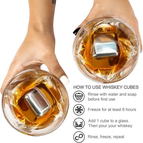  [아마존베스트]Frolk Whiskey Stones & Glasses Gift Set for Men & Women  2 King-Sized Chilling Stainless-Steel Whiskey Cubes - 11 oz 2 Large Twisted Whiskey Glasses, Stone Coasters, Tongs  Luxury Set