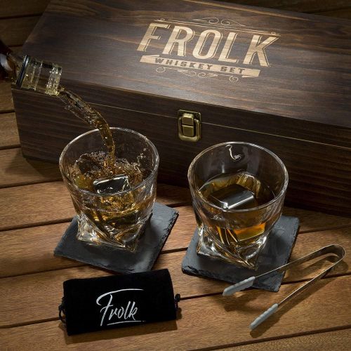 [아마존베스트]Frolk Whiskey Stones & Glasses Gift Set for Men & Women  2 King-Sized Chilling Stainless-Steel Whiskey Cubes - 11 oz 2 Large Twisted Whiskey Glasses, Stone Coasters, Tongs  Luxury Set