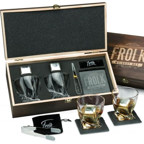  [아마존베스트]Frolk Whiskey Stones & Glasses Gift Set for Men & Women  2 King-Sized Chilling Stainless-Steel Whiskey Cubes - 11 oz 2 Large Twisted Whiskey Glasses, Stone Coasters, Tongs  Luxury Set