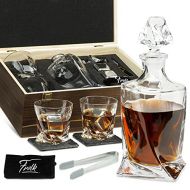 [아마존베스트]Frolk Whiskey Stones Gift Set for Men & Women - Whiskey Decanter, 2 Twisted Whiskey Glasses, 2 XL Stainless Steel Whisky Cubes, 2 Coasters, Silicone-Tipped Tongs & Freezer Pouch in Pinew