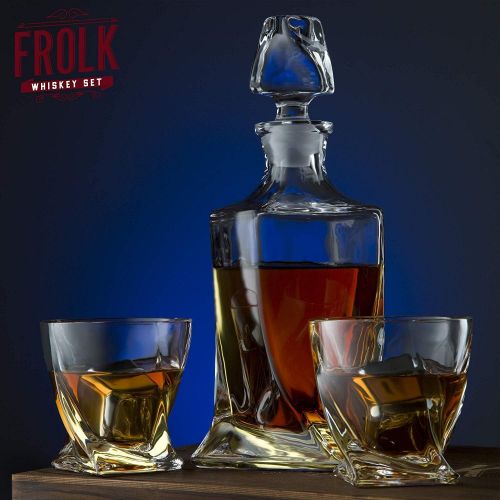  [아마존베스트]Frolk Whiskey Stones Gift Set for Men & Women - Whiskey Decanter, 2 Twisted Whiskey Glasses, 2 XL Stainless Steel Whisky Cubes, 2 Coasters, Silicone-Tipped Tongs & Freezer Pouch in Pinew