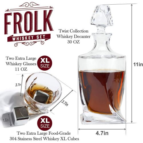  [아마존베스트]Frolk Whiskey Stones Gift Set for Men & Women - Whiskey Decanter, 2 Twisted Whiskey Glasses, 2 XL Stainless Steel Whisky Cubes, 2 Coasters, Silicone-Tipped Tongs & Freezer Pouch in Pinew