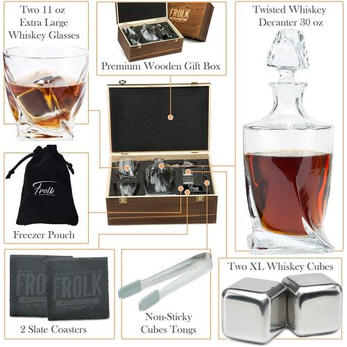  [아마존베스트]Frolk Whiskey Stones Gift Set for Men & Women - Whiskey Decanter, 2 Twisted Whiskey Glasses, 2 XL Stainless Steel Whisky Cubes, 2 Coasters, Silicone-Tipped Tongs & Freezer Pouch in Pinew