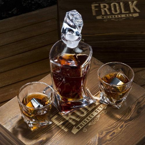  [아마존베스트]Frolk Whiskey Stones Gift Set for Men & Women - Whiskey Decanter, 2 Twisted Whiskey Glasses, 2 XL Stainless Steel Whisky Cubes, 2 Coasters, Silicone-Tipped Tongs & Freezer Pouch in Pinew