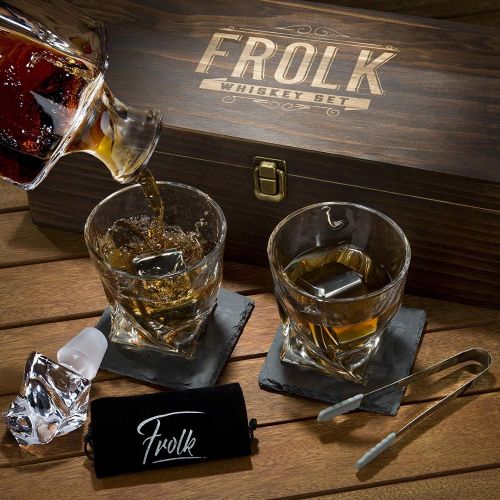  [아마존베스트]Frolk Whiskey Stones Gift Set for Men & Women - Whiskey Decanter, 2 Twisted Whiskey Glasses, 2 XL Stainless Steel Whisky Cubes, 2 Coasters, Silicone-Tipped Tongs & Freezer Pouch in Pinew
