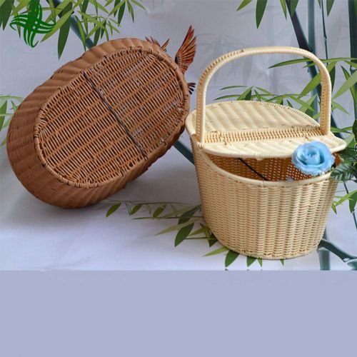  FrtyJdsa Handmade Wicker Basket with lid Insulated Multi-Season Outdoor Home Portable Picnic Set with Handle Shopping Available-B 37x27x15cm