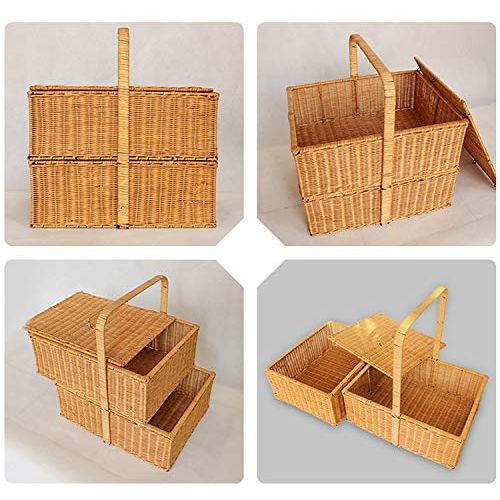  FrtyJdsa Handmade Wicker Basket Double Layer with lid Insulated Multi-Season Outdoor Home Portable Picnic Set with Handle Shopping Available-B 43x33x32cm