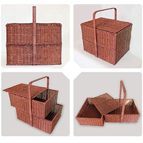  FrtyJdsa Handmade Wicker Basket Double Layer with lid Insulated Multi-Season Outdoor Home Portable Picnic Set with Handle Shopping Available-B 43x33x32cm