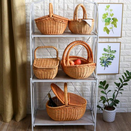  FrtyJdsa Handmade Wicker Basket with lid Insulated Multi-Season Outdoor Home Portable Picnic Set with Handle Shopping Available-B 46x32x41cm