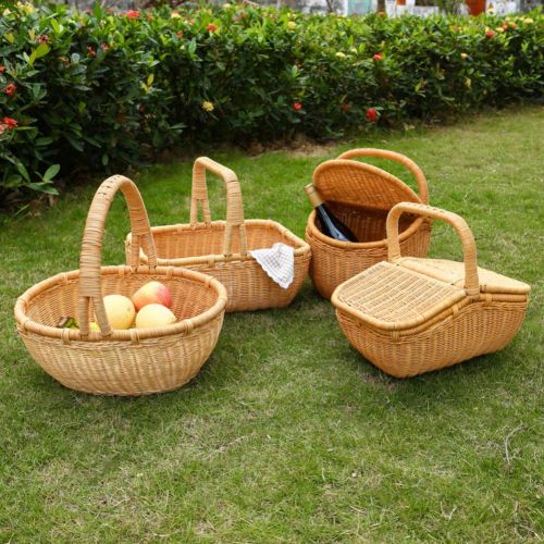  FrtyJdsa Handmade Wicker Basket with lid Insulated Multi-Season Outdoor Home Portable Picnic Set with Handle Shopping Available-B 46x32x41cm