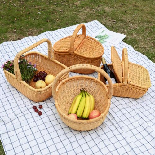  FrtyJdsa Handmade Wicker Basket with lid Insulated Multi-Season Outdoor Home Portable Picnic Set with Handle Shopping Available-B 46x32x41cm