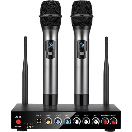  Wireless Microphone System, Frunsi Dual Cordless Microphone Echo Control with Multiport Receiver, Support Long Range Wireless Signal for Home Karaoke, Singing, DJ, Churching, Prese
