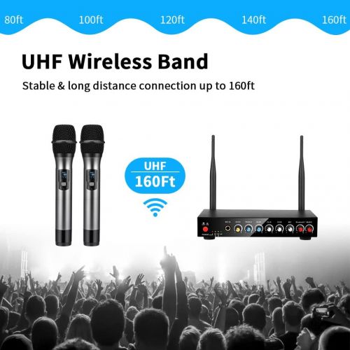  Wireless Microphone System, Frunsi Dual Cordless Microphone Echo Control with Multiport Receiver, Support Long Range Wireless Signal for Home Karaoke, Singing, DJ, Churching, Prese