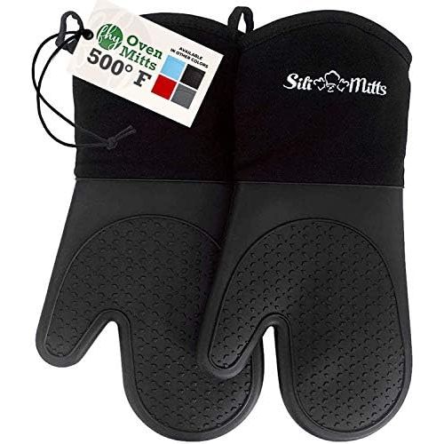  [아마존베스트]Silicone Oven Mitts Heat Resistant 500 Degrees - 2 Extra Long Silicone Oven Mitt Pot Holders - Food Safe Oven Gloves - BPA Free - Soft Inner Lining - (Black) - Frux Home and Yard