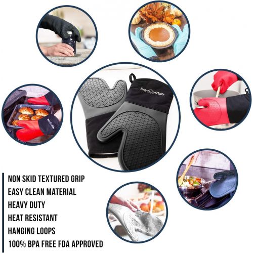  [아마존베스트]Silicone Oven Mitts Heat Resistant 500 Degrees - 2 Extra Long Silicone Oven Mitt Pot Holders - Food Safe Oven Gloves - BPA Free - Soft Inner Lining - (Black) - Frux Home and Yard