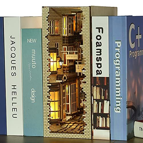  Fsolis 3D Puzzle Wooden, Booknook Bookshelf Insert Decor Alley, Book Nook Model Building Kit with LED Light BS01