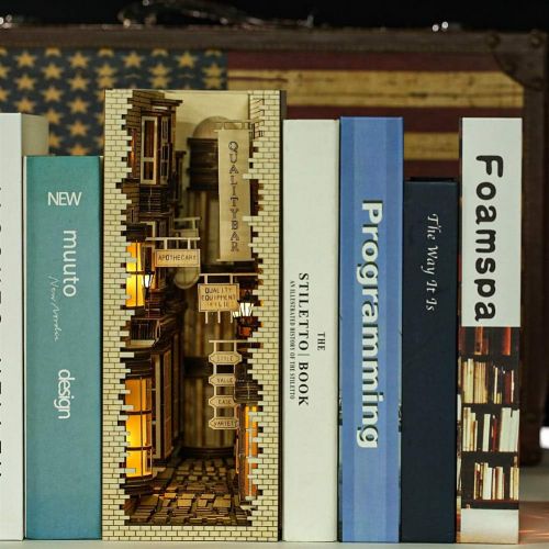  Fsolis 3D Puzzle Wooden, Booknook Bookshelf Insert Decor Alley, Book Nook Model Building Kit with LED Light BS01