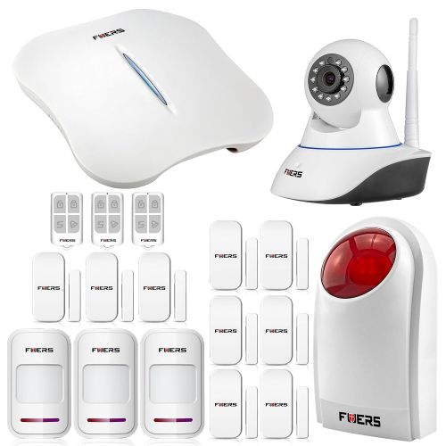  Fuers FW1 Wireless WIFI + Telephone Line HomeHouse Burglar Alarm System AndroidIOS APP Control DIY Kit Super Strong Signal Garden Alarm + 1 PCS IP Camera White
