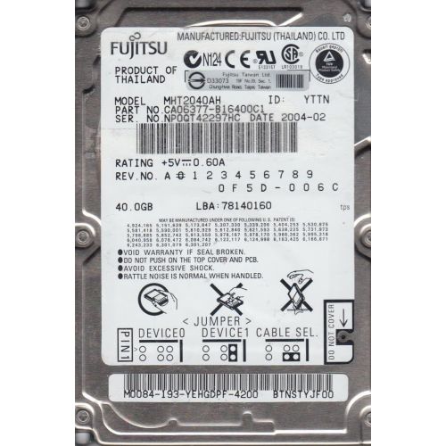  FUJITSU Mobile MHT2040AH - Hard drive - 40 GB - internal - 2.5 - ATA-100 - 5400 rpm - buffer: 8 MB