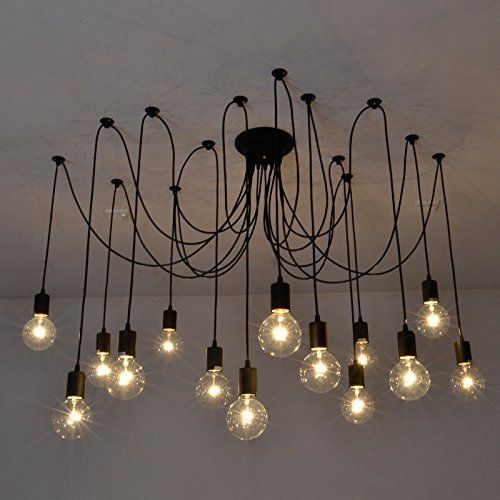  Fuloon DW68 Vintage Edison Multiple Ajustable DIY Ceiling Spider Lamp Pendant Lighting Chandelier Modern Chic Industrial Dining with Romote Control (14 Head Cable 200cm/78.7inch