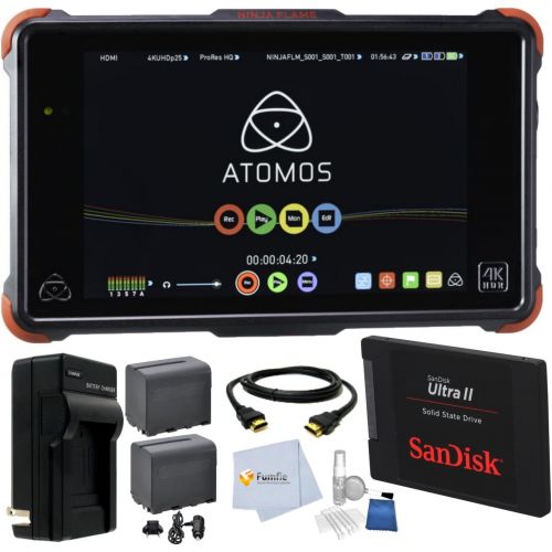  Fumfie Atomos Ninja Flame 7 4K HDMI Recording Monitor Bundle Comes with SanDisk 120GB Solid State Drive + (2) Extra NP-F975 Replacement Batteries + Rapid Travel Charger + High Speed HDMI