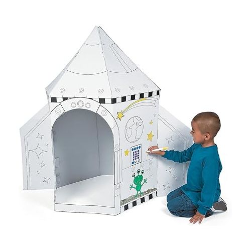 Fun Express Rocket Cardboard House for Kids - 5-Foot Tall Rocket Cardboard Playhouse for Kids, Hours of Creative Fun, Fuel Your Child's Imagination - A Safe Space for Kids to Dream, Play, and Imagine