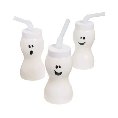  Fun Express DELUXE 12 GHOST CUPS with STRAWS & LID ~ WHITE w/ BLACK FACES ~ Halloween & Party Cups!