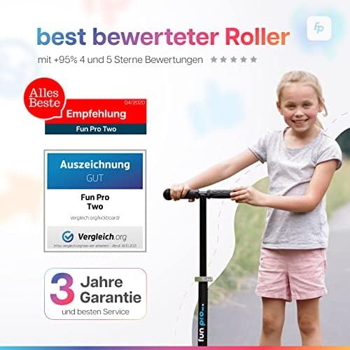  fun pro Two, ab Vorschulalter, bis 80KG Gewicht, der sichere Premium Kinder Roller (Tretroller, Kickboard, Scooter, Kickscooter), LED Rader, faltbar, aus Hamburg mit erweiterter Ga