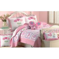 Fun4Walls Cozy Line Home Fashions 4 - Piece Quilt Bedding Set, Butterfly Tulip Flower 100% Cotton Bedspread, Coverlet (Twin - 4 Piece: 1 Quilt + 1 Standard Sham + 2 Decorative Pillows)