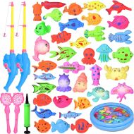Fun Little Toys 42PCs Magnetic Fishing Toys with 11 in Fishing Pool, 2 Fishing Rodes, 29 Fishes and 7 Sea Animals with Light, Toddler Bath Toys, Water Toys Fishing Game for Kids