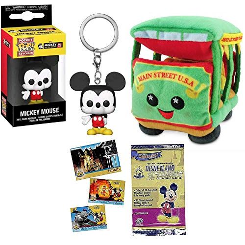 펀코 Funko Main Street Mickey Mouse Pocket Pop! Figure Hanger Keychain Bundled with Trolley Disney Parks Wishables Plush & Theme Park Anniversary Cards 3 Items