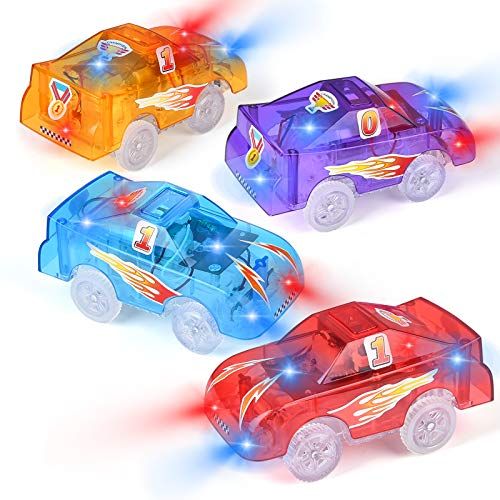  Tracks Cars Replacement Only, Funkprofi Light Up Toy Cars for Magic Tracks, 5 LED Flashing Lights, Compatible with Most Tracks, Toy Gifts for Boys and Girls (4 Pack)