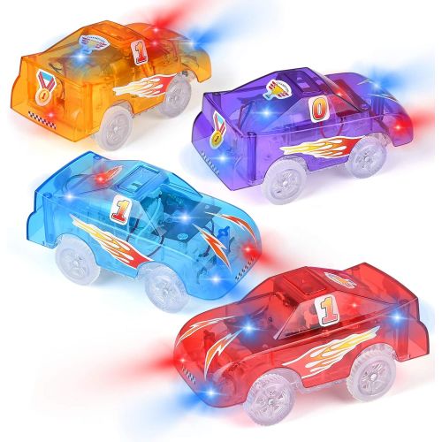  Tracks Cars Replacement Only, Funkprofi Light Up Toy Cars for Magic Tracks, 5 LED Flashing Lights, Compatible with Most Tracks, Toy Gifts for Boys and Girls (4 Pack)