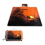 FunnyCustom Picnic Blanket Sunrise and Sunset Love Bird Outdoor Blanket Portable Moisture Proof Picnic Mat for Beach Camping
