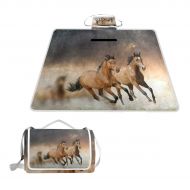 FunnyCustom Picnic Blanket Brown Horse in Sunset Outdoor Blanket Portable Moisture Proof Picnic Mat for Beach Camping