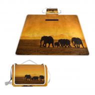 FunnyCustom Picnic Blanket African Elephant Family at Sunset Outdoor Blanket Portable Moisture Proof Picnic Mat for Beach Camping